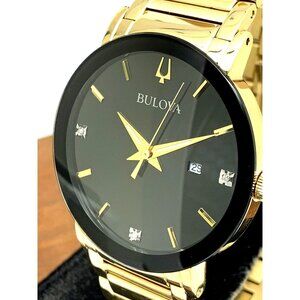 Bulova Men's Watch 97D116 Diamond Accent Black Dial Date Gold Steel Quartz 42mm